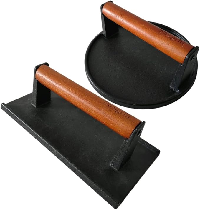 Firsgrill Burger Press 7.08" Round & 8.3”X4.3”Rectangle Heavy-Duty Cast Iron Smash Meat Steak With Wood Handle for Blackstone Camp chef Pitboss Weber Treager Griddle Grills (Round & Rectangle)