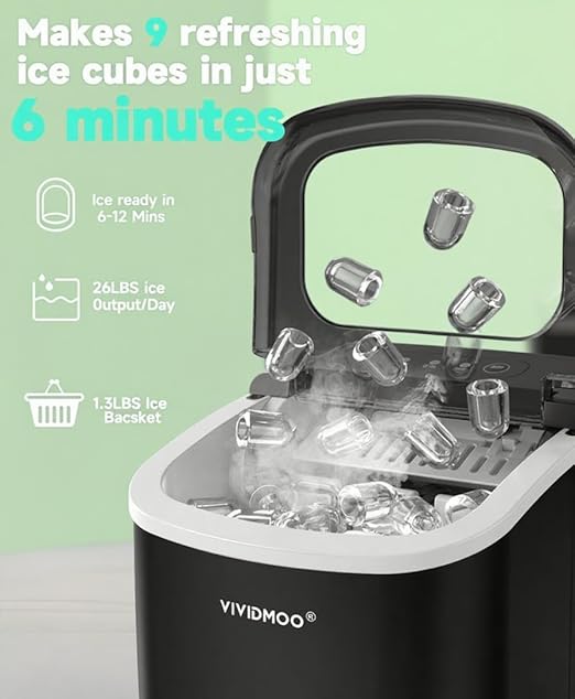 Countertop Ice Maker with Handle,26lbs/24H Bullet Ice Machine, 9 Ice Cubes Ready in 6 Mins,Self-Cleaning Sonic Ice Maker for Home/Office/Kitchen/RV/Party