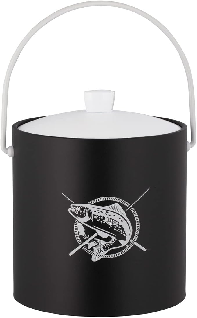 Kraftware Pastimes Collection 3qt Ice Bucket with Acrylic Cover and Bale Handle (Fishing, Black)