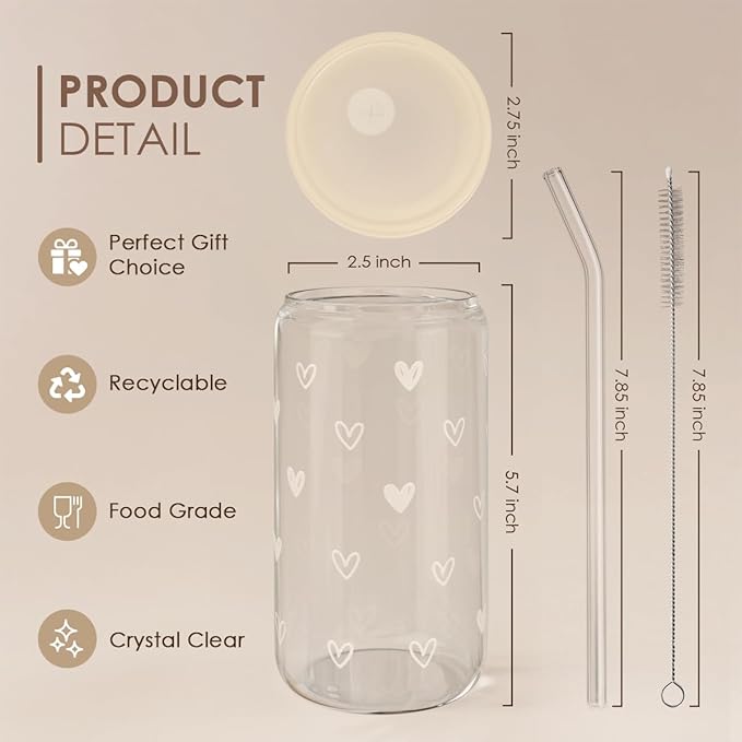 SANDJEST Heart 16oz Can Glass Tumbler with Acrylic Lid & Straw, Iced Coffee Cup for Women, Aesthetic Cups Gifts for Birthday Christmas Valentine