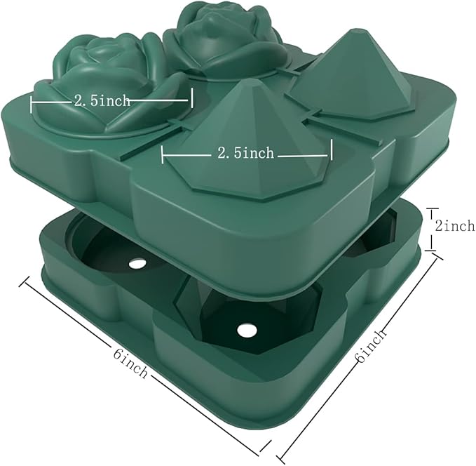 Ice Cube Tray, HANCELANT 2.5inch Ice Cube Molds, 2 Cavity Silicone Rose & 2 Diamond Ice Ball Maker, Easy Release Large Ice Cube Form for Chilling Cocktails, Whiskey, Bourbon & Homemade Juice (Green)