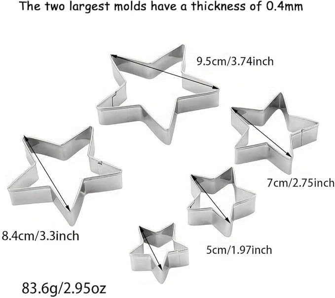 Star Cookie Cutters Set of 5 – Stainless Steel Sandwich Cutters & Biscuit Molds for Kids – Sturdy for Cookies, Sandwiches – Small to Large Sizes 1.57" to 3.74" – Food Grade