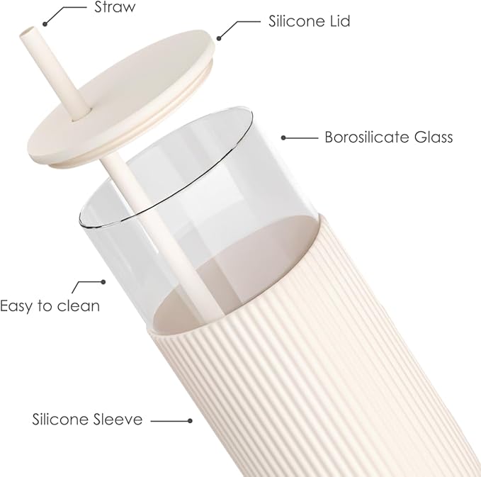 SANDJEST Glass Tumbler with Straw and Lid, Glass Water Bottle with Silicone Sleeve 20oz, Smoothie, Iced Coffee Cup, Gifts for Women Teen Girls Birthday Christmas (Cream)