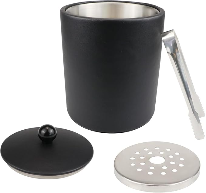 Insulated Ice Bucket with Lid Strainer Ice Tong – 1.3L Matte Black Stainless Steel Double Wall Ice Bucket for Parties