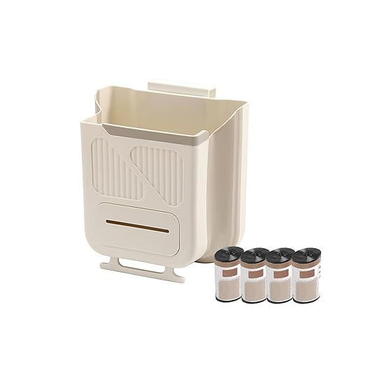 Hanging Trash Can for Kitchen Cabinet Door with 120 Garbage Bags, 1.6 Gallon Collapsible Trash Bin for Under Sink, Bathroom, Car, RV, Office (SmallCream)