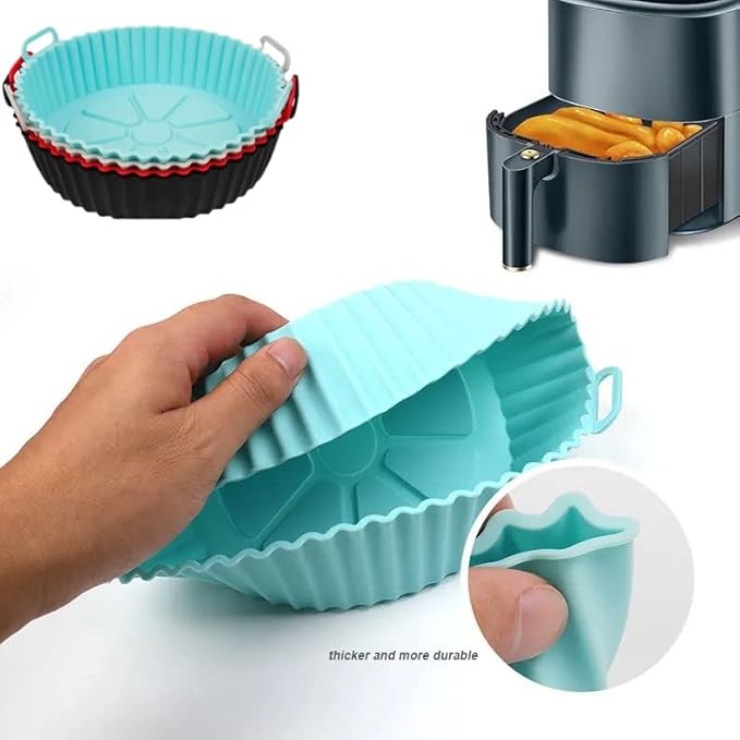 Air Fryer Silicone Liners Pot for 3 to 5 QT, 2 Pack 8.1-inch, Replacement of Flammable Parchment Paper Liners, Food Grade Reusable Baking Tray, Non-Stick, Heat-proof Gloves, Red+Blue (Nola Hut)