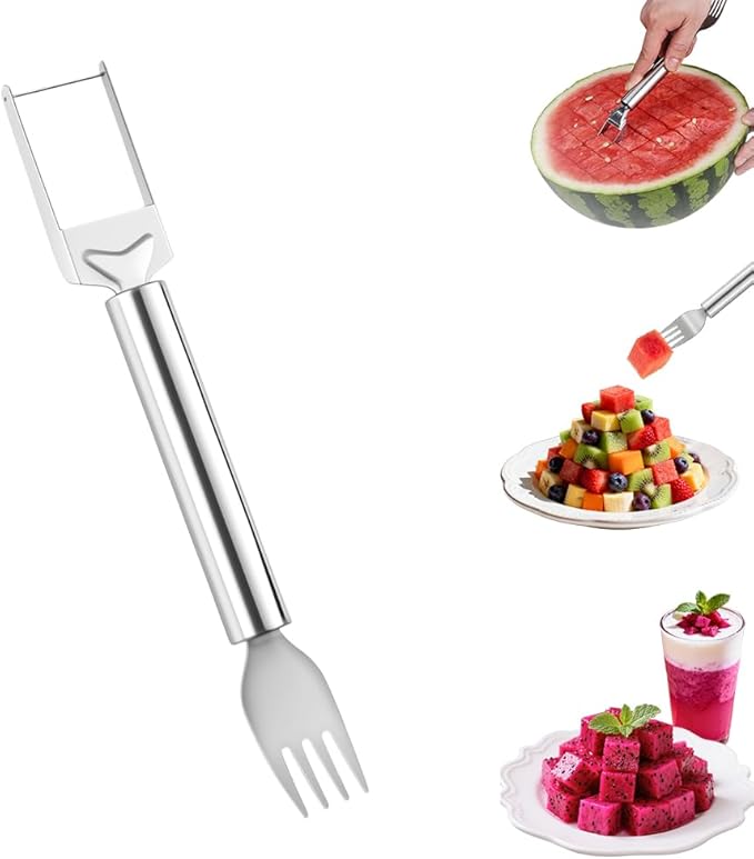 2-in-1 Stainless Steel Fruit Cutter, Watermelon Slicer with Fork, Dual Head Watermelon Fork Slicer Tool for Cubes, Fruit Knife with Round Handle for Home Kitchen, Picnic & Party (1Pack)