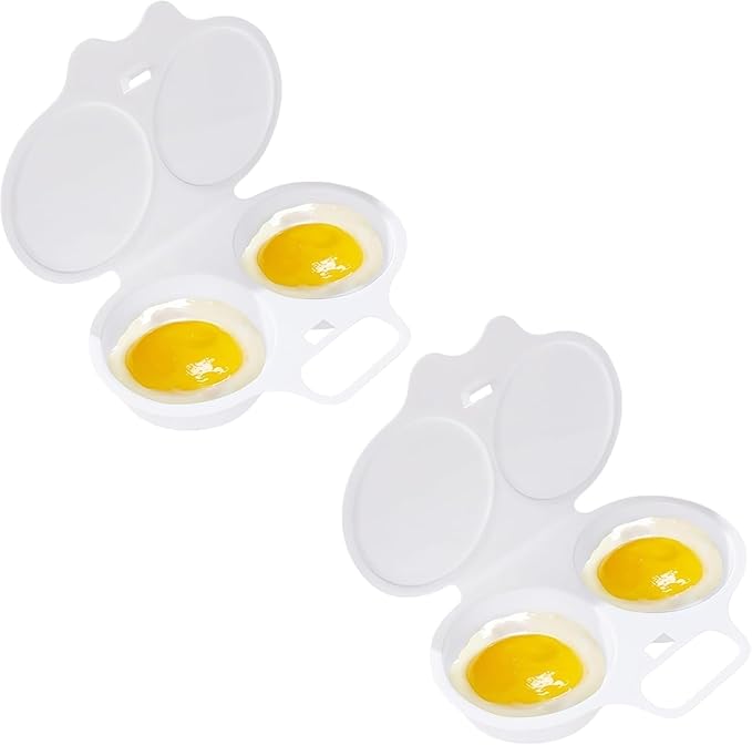 2Pcs 2-Cavity Nonstick Microwave Egg Poacher with Lid -White Plastic Egg Cooker for Perfect Poached Eggs