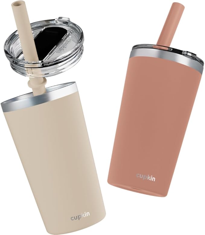 CUPKIN Toddler Tumblers, The Original 12 oz Stackable Stainless Steel Cups, Set of 2 Powder Coated Insulated Kids Water Bottle Alternative + BPA Free Lids + Reusable Silicone Straws (Brown + Peach)