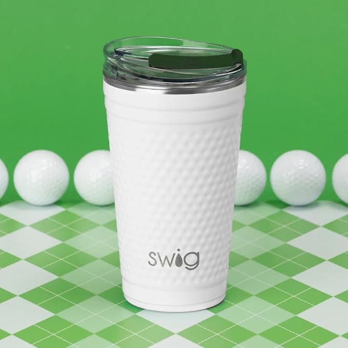 Swig Life 24oz Party Cup, Stackable Insulated Travel Coffee Tumbler with EZ Slider Lid, Cup Holder Friendly, Stainless Steel 24 oz Tumbler, Reusable Coffee Mug (Golf Ball)