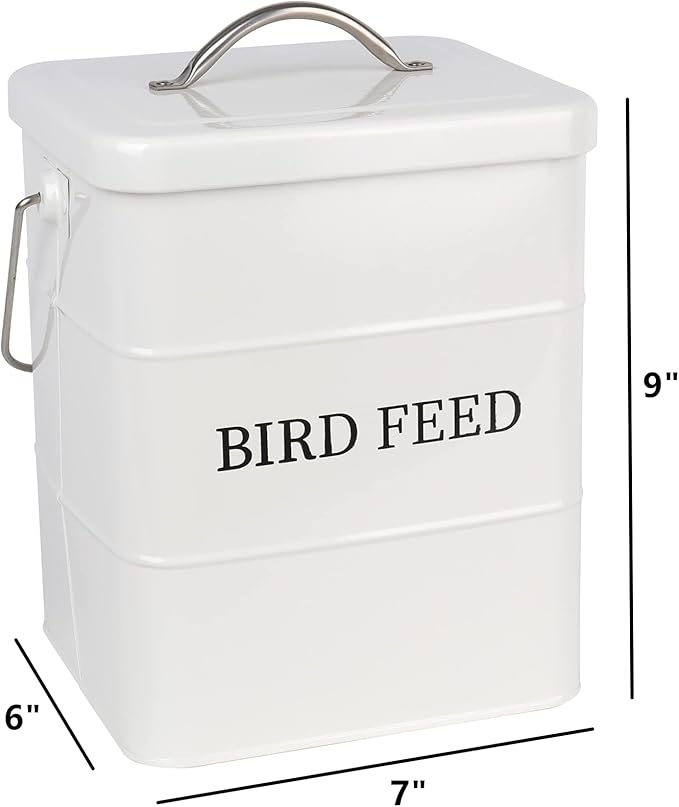 DEAYOU Pet Food Storage Tin with Lid, Metal Bird Seed and Feed Container with Serving Scoop, Treats Storage Canister Bin Can for Dogs, Cats Food, Coated Carbon Steel, Tight Fitting Lid, White, 5-6 Lbs