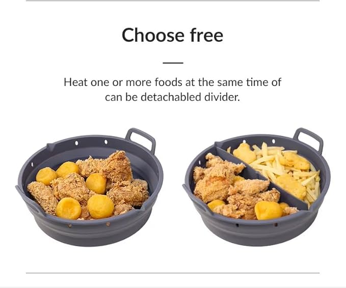 Reusable Silicone Air Fryer Liner –2pcs (Round+Square), Collapsible, Oil-Draining Design, Food-Grade, Non-Stick, Heat Resistant, Dishwasher Safe – Fits 5–8 QT Baskets (black)