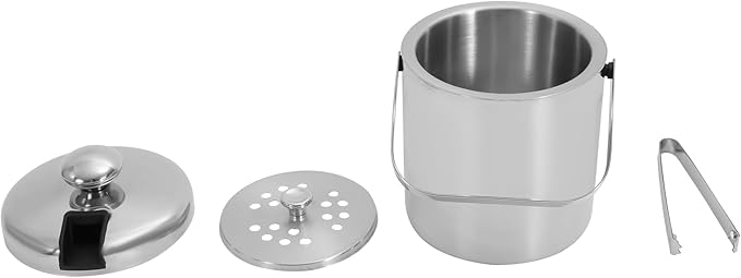 304 Stainless Steel Double Wall Ice Bucket Set 1.3L with Tongs & Strainer, Small Double Wall Ice Pail Chill Container, Insulated Portable Cooler for Wine, Champagne, Parties, Bars, Outdoor ﻿ ﻿