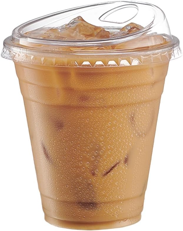 GUSTO Clear Plastic Cups with Lids [12 oz - 100 Count] - Disposable Iced Coffee Drink Cups with Strawless Sip Lids for Smoothies, Juices, and More - (Formerly Comfy Package)