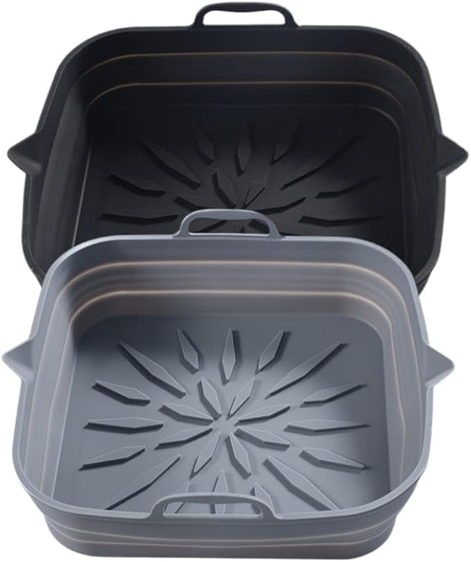 Reusable Silicone Air Fryer Liners (2-Pack) – 8.5” Square, Non-Stick & Easy to Clean, Heat-Resistant Basket for 4-7 Qt Air Fryers – Grey & Black