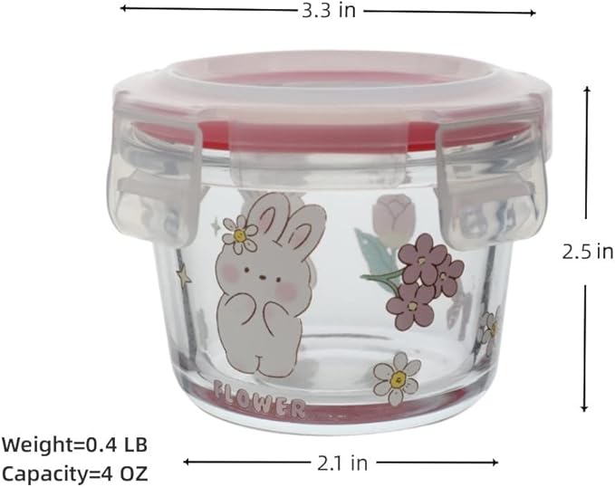 Ivymei 2 Pack Mini Glass Containers with lids,Small Floral Food Storage Contaiers Glass Food Jars for Food Portion,Dipping Sauce,Snack,Yogurt,Fruit,Leakproof,Microwave Freezer Safe(pinkpurple)