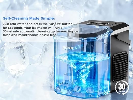OSTBA Countertop Ice Maker Machine, Portable Ice Maker Makes 9 Bullet Ice Cubes in 6 Minutes, 26Lbs/Day Ice Makers Countertop with Self-Cleaning, Compact Mini Ice Maker for Home Kitchen RV Party