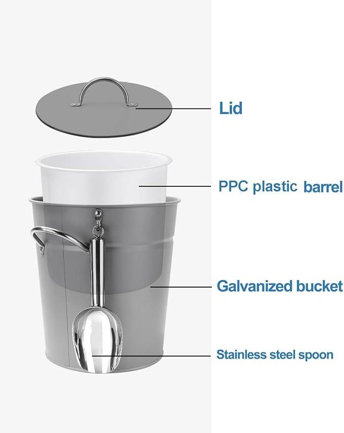 3Qt Gray Galvanized Ice Bucket with Lid, Scoop & Handles - Ideal for Cocktails, Parties, BBQs, Wine & Champagne. Double-Layer Insulated Outer & Galvanized Inner Layer, Perfect for Home & Outdoor Use