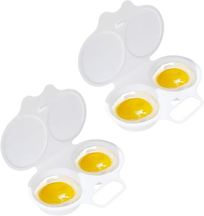 2Pcs White Egg Poacher, 2 Cavity Nonstick Poached Egg Maker With Lid, Double Drain Poached Egg Cups, Egg Poacher Microwave Egg Cooker, Kitchen Cooking Gadgets（13 * 5cm）