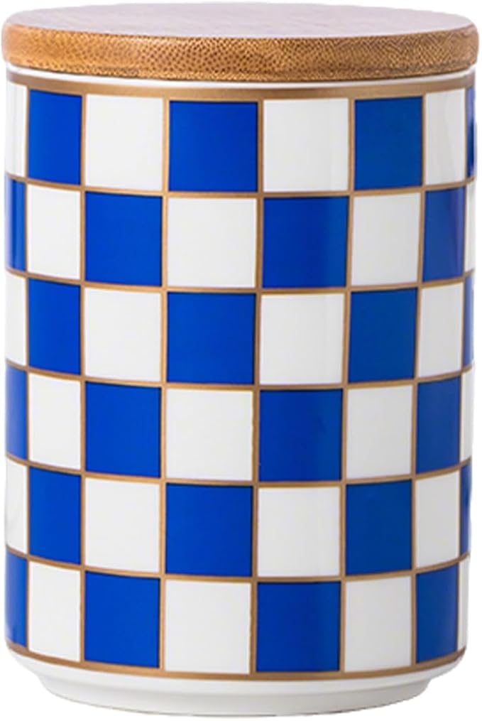 Kitchen Countertop Ceramic Checkered Canisters,Black And White Food Storage Containers With Lid,Airtight Kitchen Canisters for Flour, Sugar, Coffee, Tea, and Dry Goods (Blue, Small)
