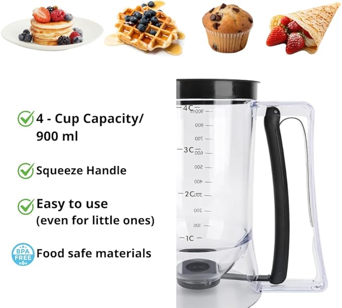 Complete Pancake & Cupcake Batter Dispenser Set - 4 Cup Capacity with Silicone Spatula, Basting Brush & Egg Rings - BPA Free All-In-One Breakfast & Baking Kitchen Tool for Home Cooking