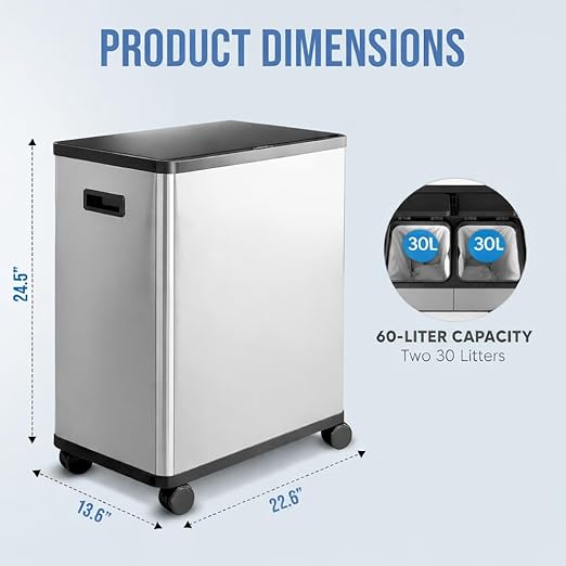 HOLDN’ STORAGE 60L Dual Kitchen Trash & Recycling Bin, Motion Sensor Opening, Soft-Close Lid, Removable Inner Buckets, Stainless Steel, 2 Trash Bag Rolls Included