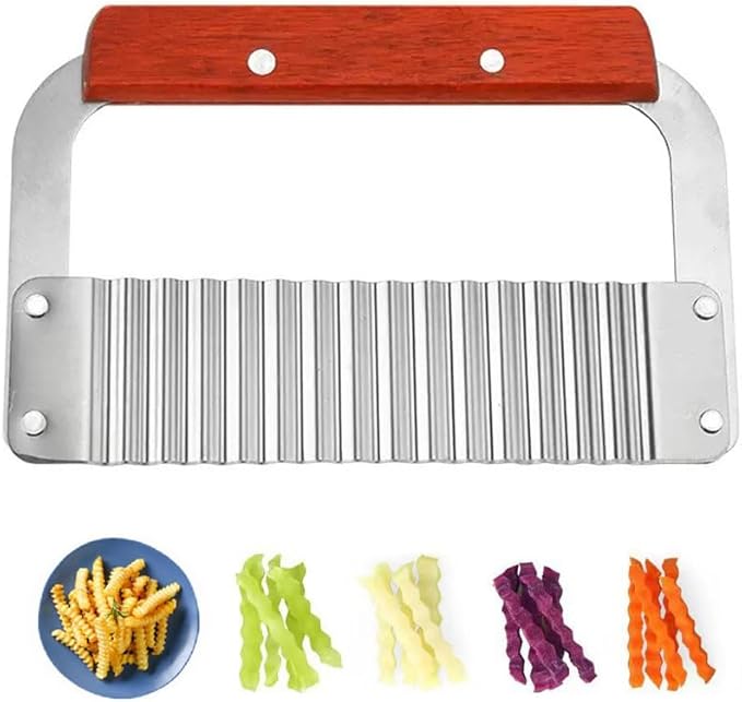 Heavy Duty Stainless Steel Large Crinkle Cutter Wavy Chopper French Fry Slicer for Potatoes Carrot Chips and Fruits, Vegetable, Potatoes, Onions (Wood-Style II, 1 PCS)