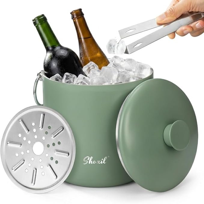 Ice Bucket - 3L Large Ice Bucket for Parties & Cocktail Bar, Stainless Steel Ice Cooler with Lid & Tongs, Retro Style Ice Bucket for Freezer & Drinks
