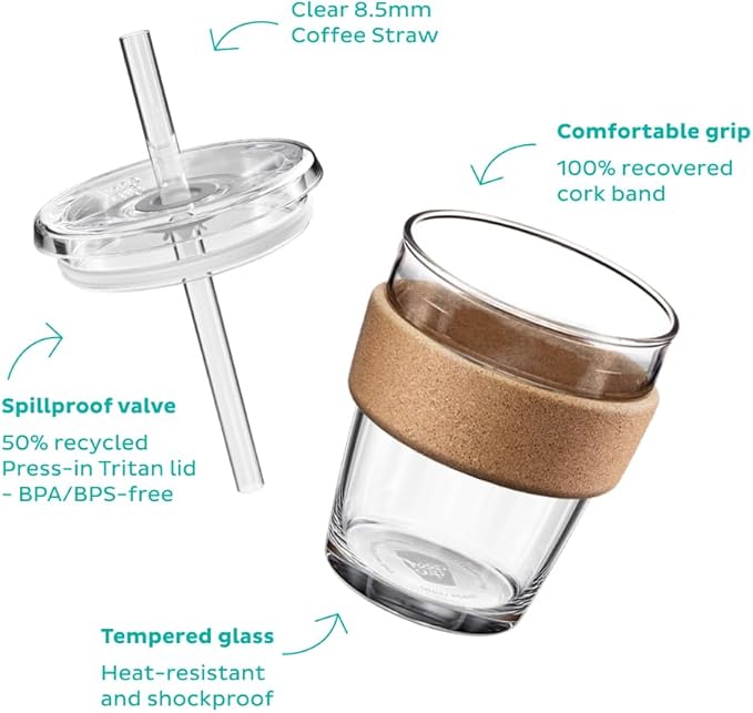 KeepCup Cold Cup - Brew Cork Tempered Glass Ice Coffee Tumbler with Recovered Cork Band, Lid and Straw - 12oz (340ml)