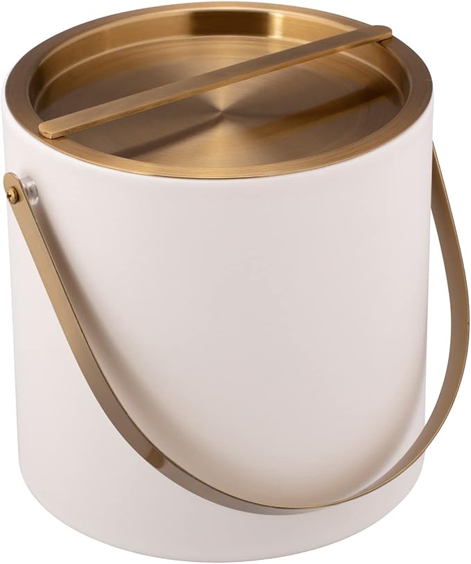 Kraftware SANTA BARBARA 3qt Ice Bucket with Brushed Gold Arch Handle & Bridge Cover: White