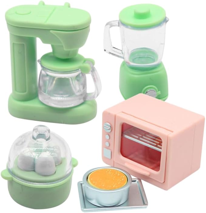 Vicasky Mini Kitchen Dollhouse Accessories Set: 1:12 Scale Oven Coffee Maker Blender Juicer Cheese Cake & Egg Cooker for Dollhouse Kitchen Decor Pretend Play for Kid Toddler Microwave Breakfast