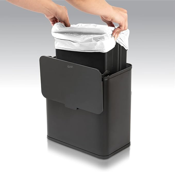 Glad Roomate Under Counter Trash Can - Space Saving Stainless Steel Waste Bin with Dual Lid and Clorox Protection - Small Black Trash Can for Kitchen Cabinet, Under Sink, or Bathroom, 1.5 Gallon (6L)