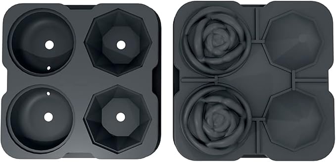 Ice Cube Tray, HANCELANT 2.5inch Ice Cube Molds, 2 Cavity Silicone Rose & 2 Diamond Ice Ball Maker, Easy Release Large Ice Cube Form for Chilling Cocktails, Whiskey, Bourbon & Homemade Juice (Gray)