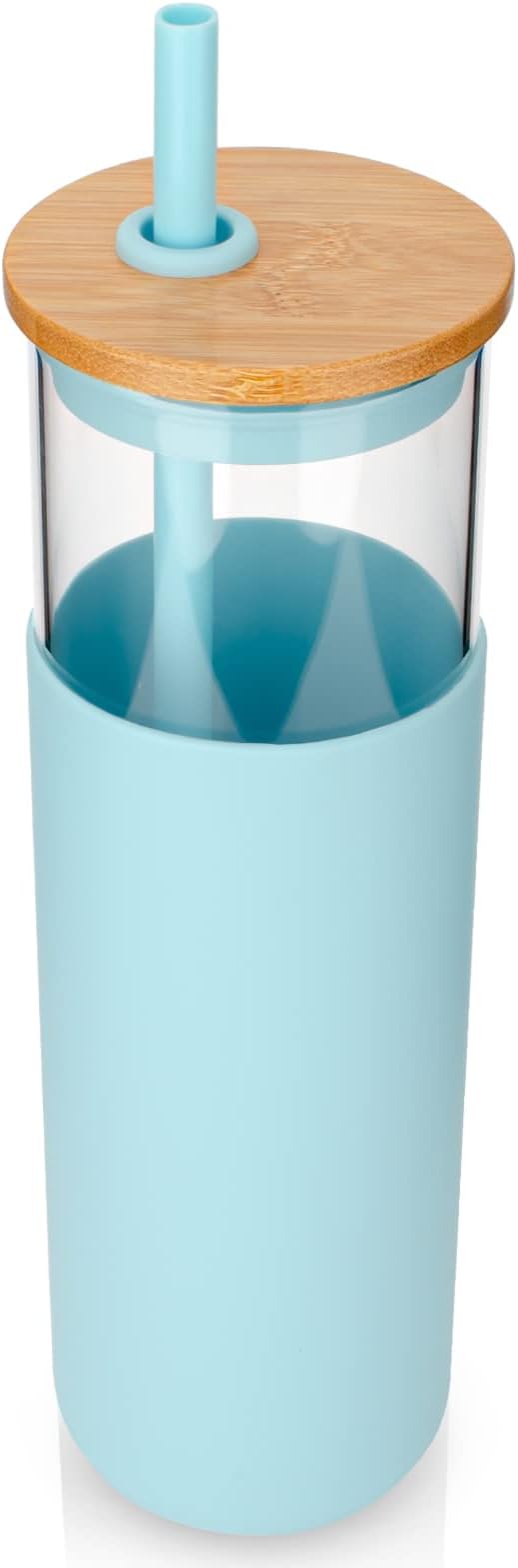 Tronco 32 oz Glass Tumbler with Lids and Straw, Reusable Iced Coffee Cup & Smoothie Cup with Bamboo Lid, Silicone Sleeve, Dishwasher Safe, BPA-Free Borosilicate Glass, 1 Pack