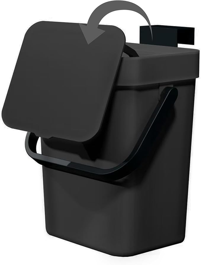 Compost Bin Kitchen, for use on Countertops or Under Sinks, Hanging Trash Can with Lid, Mountable Indoor Compost Bucket, for Cupboard/Bathroom/Bedroom/Office/Camping (Black 0.8 Gallon/3L)