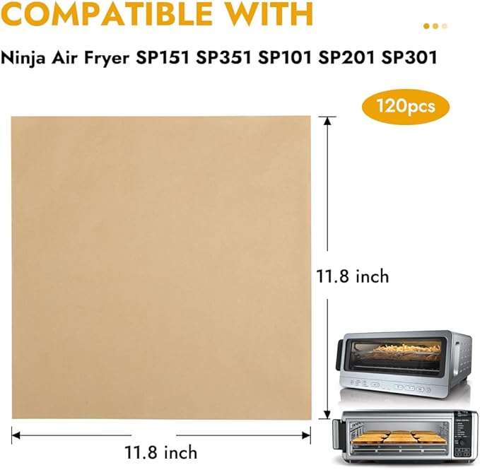 BYKITCHEN 12 Inch Air Fryer Parchment Paper for Ninja Air Fryer SP151 SP351 SP101 SP201 SP301, 120PCS Airfryer Disposable Liners for Ninja Foodi Airfryer Combo, Flip Up Toaster Oven Accessories