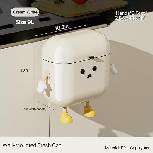 2.4 Gallon/9 Liter Kitchen Wall-Mounted Trash Can with Lid Ideal for Kitchens,Bathrooms, Offices,and Bedrooms Space-Saving and Decorative Waste Container(Cream White, DIY-Friendly)