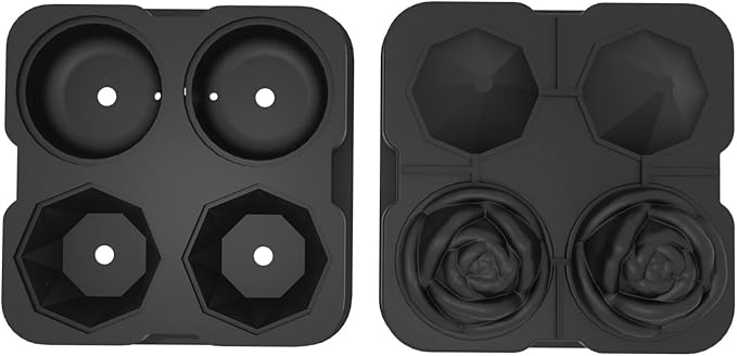 Ice Cube Tray, HANCELANT 2.5inch Ice Cube Molds, 2 Cavity Silicone Rose & 2 Diamond Ice Ball Maker, Easy Release Large Ice Cube Form for Chilling Cocktails, Whiskey, Bourbon & Homemade Juice (Black)