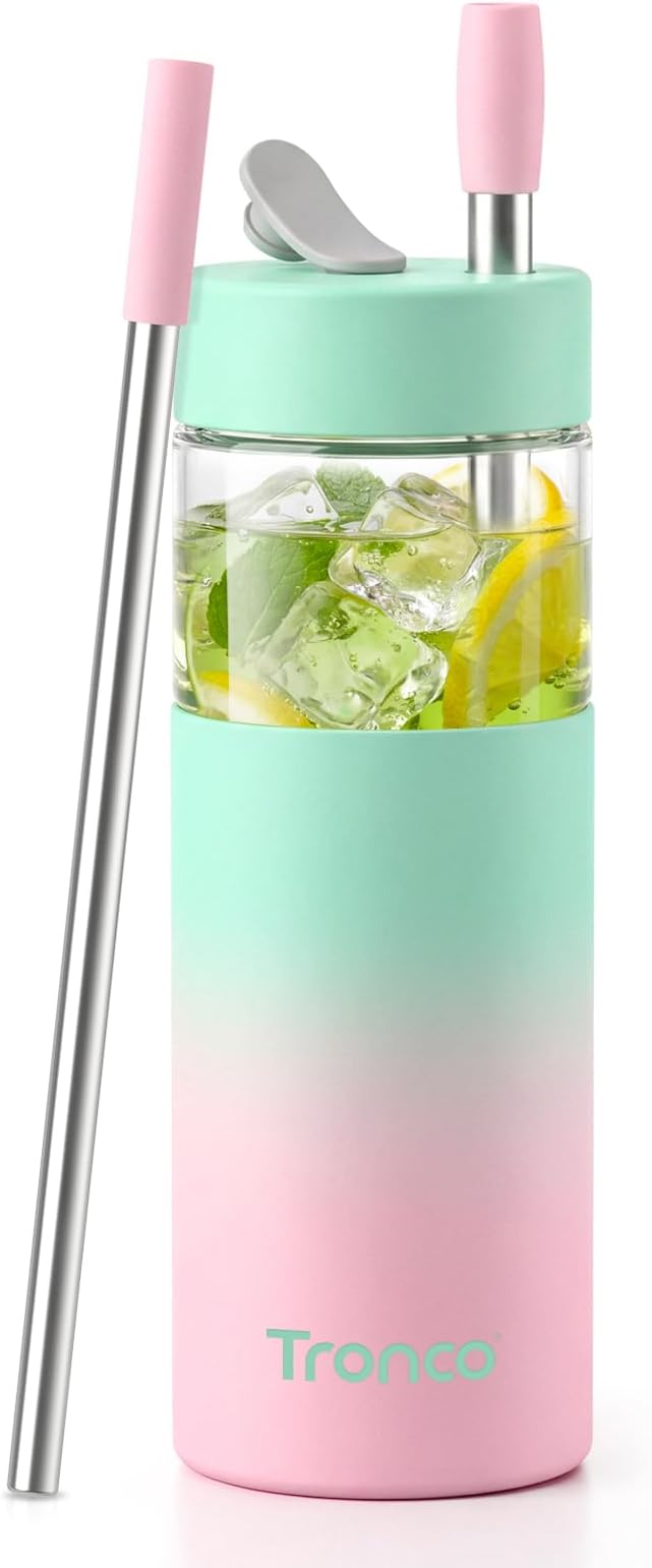 Tronco 24 oz Glass Tumbler with Lid & Straw, Iced Coffee Cup - Smoothie Cup with Silicone Lid for Boba Tea, Home, Office, Travel & Gifts, Borosilicate Glass Cups, BPA-Free, Leak-Proof, Dishwasher Safe