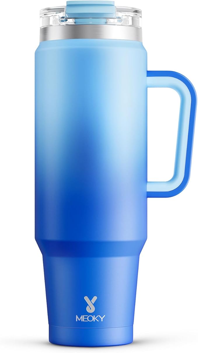 Meoky 40 oz Tumbler with Handle and Straw, Insulated Tumbler with Lid and Straw, Stainless Steel Travel Mug, Keeps Cold for 34 Hours, 100% Leak Proof, Fits in Car Cup Holder (Sky)