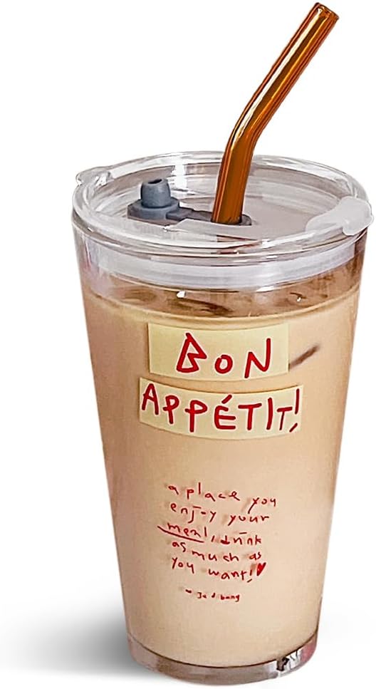 Olvini 15oz Glass Tumbler with Straw and Lid, Cute Iced Coffee Cups, Aesthetic Glass Cups, Coffee Tumbler, Water Cup, Matcha Cup, Drinking Glasses (Bon Appétit)