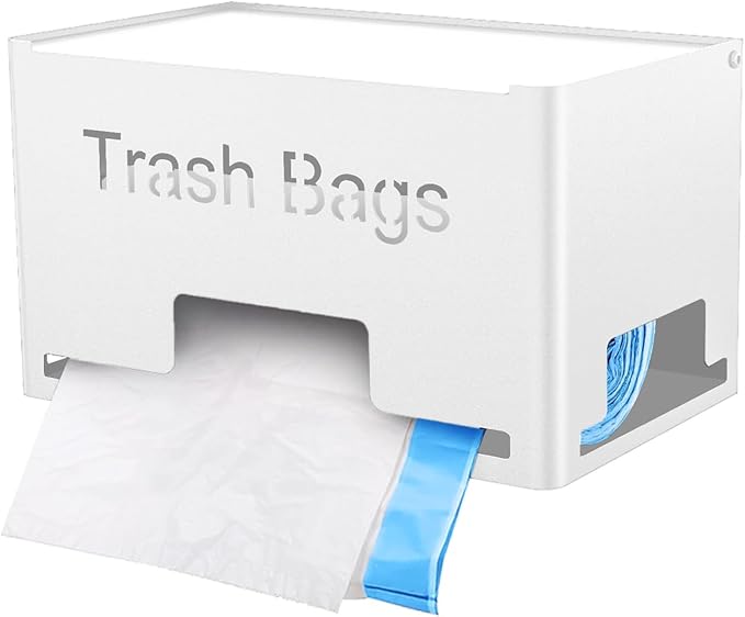 STWWO Large Trash Bag Holder Dispenser, Metal Garbage Bag Dispenser Roll Holder, Kitchen Trash Storage Organizer for Under Sink, Wall Mounted or Countertop, White