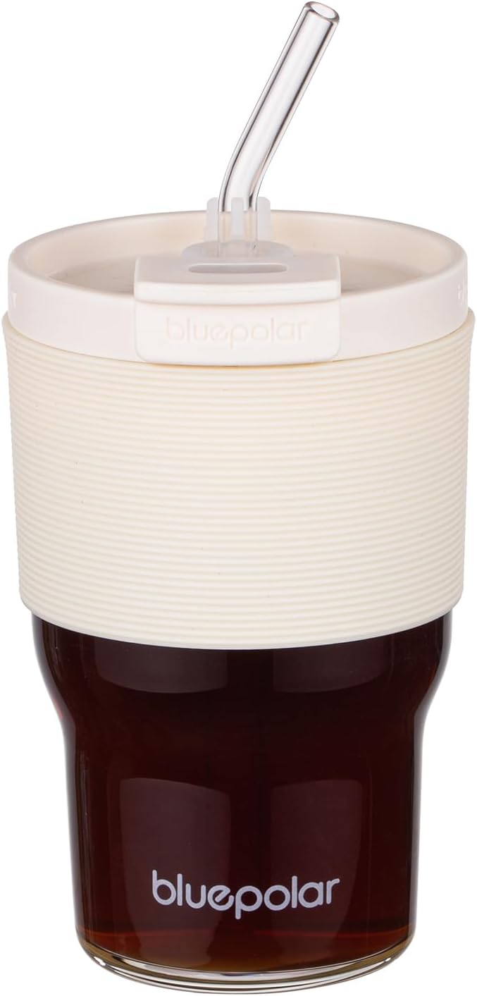 BLUEPOLAR Glass Tumbler Set with Lids and Straws, 17 oz Reusable Cups for Iced Coffee, Cold Brew, Tea, Smoothie (White with Sleeve)