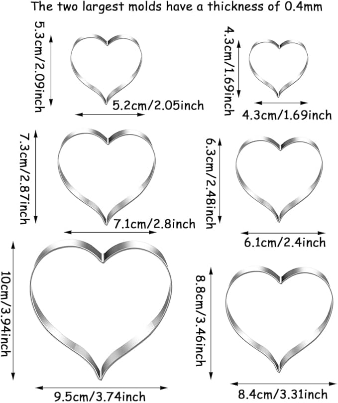 Heart Cookie Cutters Set of 6 – Stainless Steel Sandwiches Cutters & Biscuit Molds for Kids – Sturdy Cutters for Cookies, Sandwiches – Small to Large Sizes 1.69 to 3.74 Inches – Food Grade
