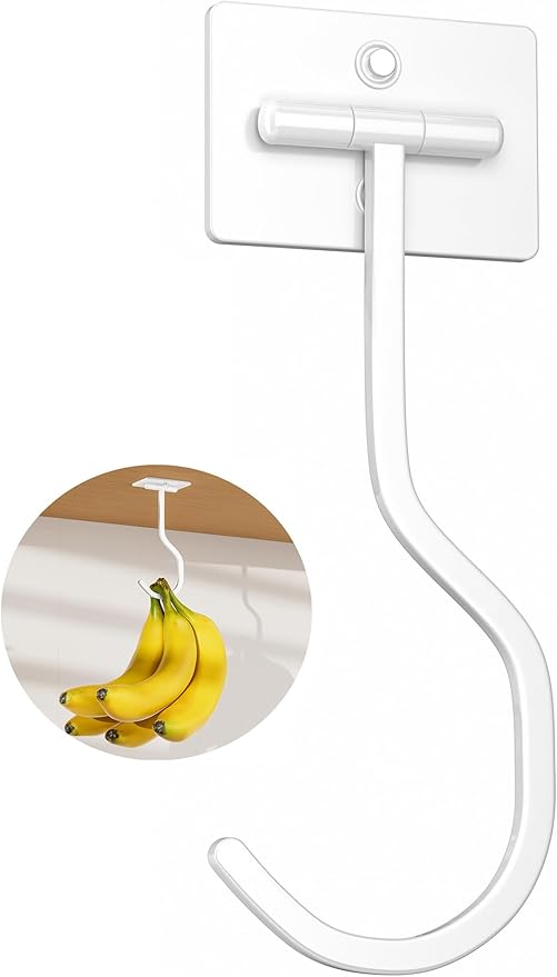 bussdis Banana Hook Under Cabinet: Foldable Banana Hanger Adhesive, Hanging Banana Holder, Stick On, Premium Material, Can Hold 20 Bananas, White
