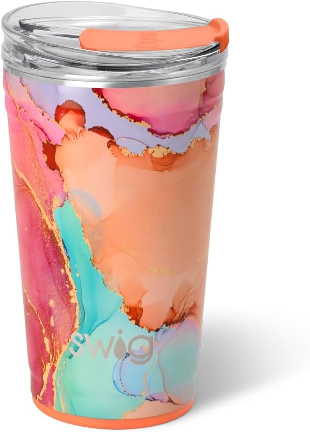 Swig Life 24oz Party Cup, Stackable Insulated Travel Coffee Tumbler with EZ Slider Lid, Cup Holder Friendly, Stainless Steel 24 oz Tumbler, Reusable Coffee Mug (Dreamsicle)