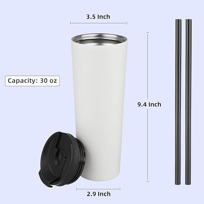 Konokyo 30 OZ Insulated Tumbler with Lid and 2 Straws Stainless Steel Water Bottle Vacuum Travel Mug Coffee Cup,Angel White