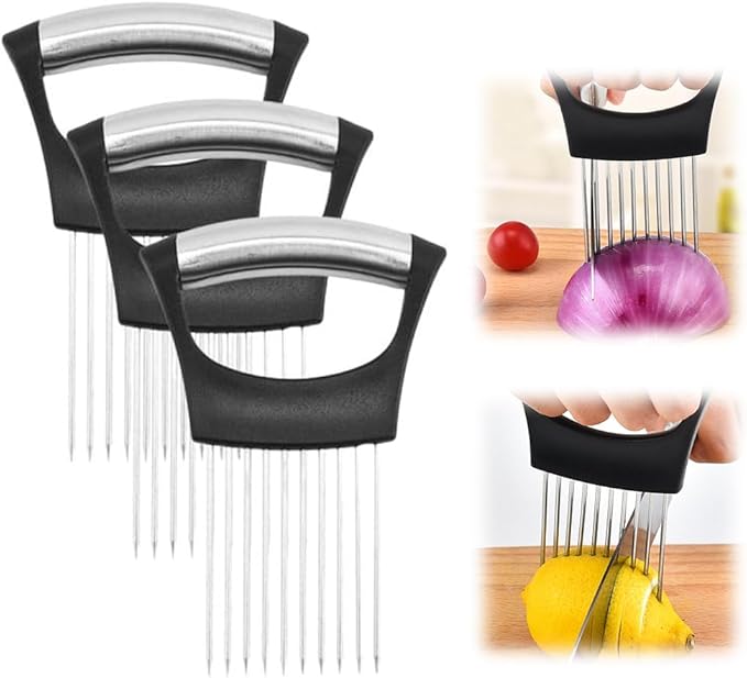 Onion Holder for Slicing, 2025 New Stainless Steel Onion Slice Holder Lemon Slicer Vegetable Cutter, Kitchen Gadgets Chopper Slicing Assistant Tool for Meat, Onion, Tomato, Potato (3 Pcs)