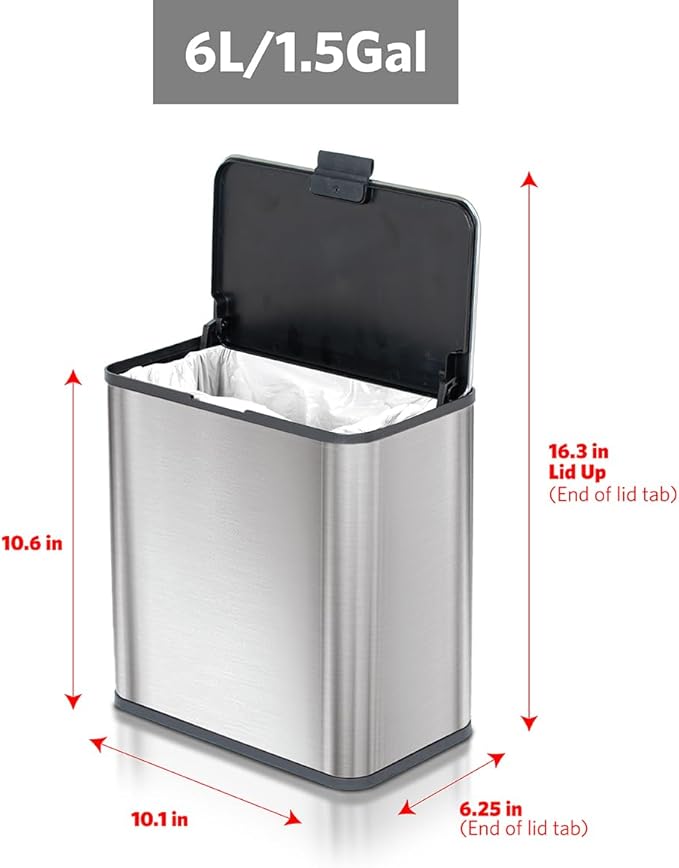 Glad Roomate Under Counter Trash Can - Space Saving Stainless Steel Waste Bin with Dual Lid and Clorox Protection - Small Trash Can for Kitchen Cabinet, Under Sink, or Bathroom, 1.5 Gallon (6L)