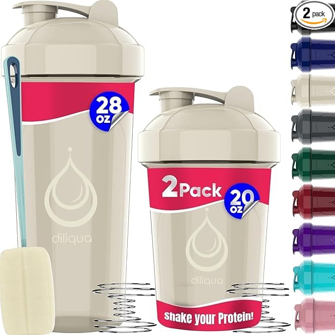 diliqua 2 PACK, 28 oz & 20 oz Shaker Bottles with Powerful Wire Whisks for Protein Mixes | Leakproof Blender Shaker Bottle Pack | BPA-Free & Dishwasher Safe | Shaker Bottle | Shaker Cups for shakes